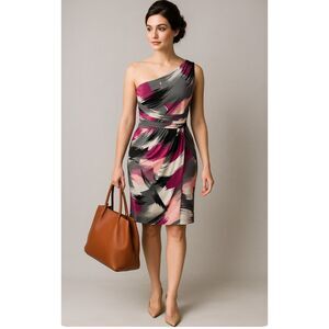 Max & Cleo one shoulder artistic abstract print dress size 6